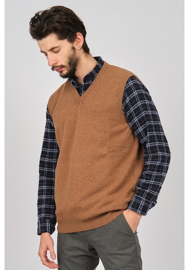 Arslanlı Erkek Lambswool V Yaka Süveter 0767991 Oranj-Kahve Melanj