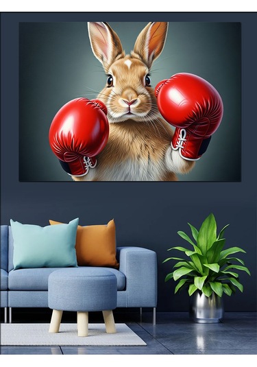Kırmızı Boks Eldivenli Tavşan İllüstrasyonu Dekoratif Kanvas - Mdf Ahşap Tablo