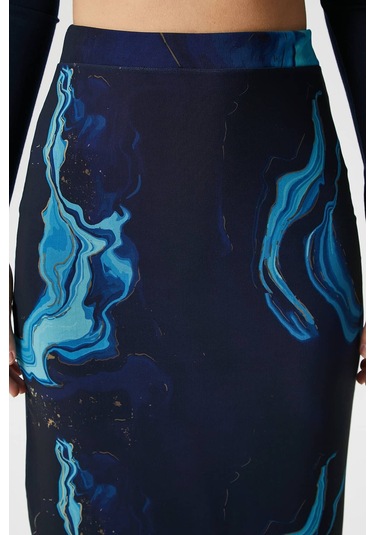 Kadın Dania Astarlı Bel Lastikli Şifon Mavi Midi Kalem Etek Mavi