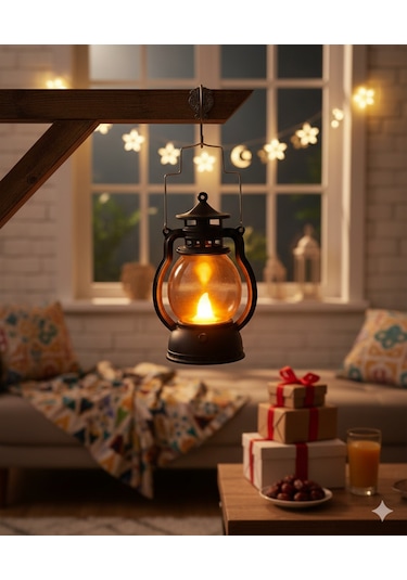13 Cm Ledli Gaz Lambası Model Siyah Fener - Pil Dahil Dekoratif Fener Diğer