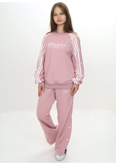 Unisex Çocuk 2 İplik Çıtçıtlı Alt&üst Eşofman Takımı %100 Pamuk Rahat Kalıp-299-eşt-0006 Pudra