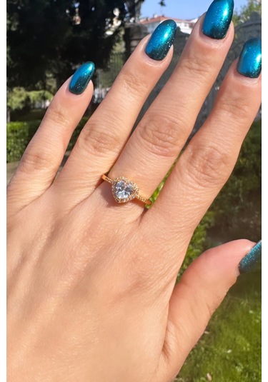 Taş Detaylı Gold Kalp Yüzük Gold