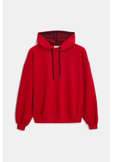 Sââde Kadın Oversize Kapüşonlu Basic Hoodie Sweatshirt Kırmızı