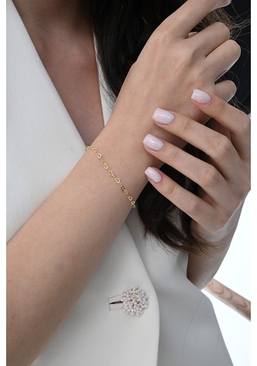 Gümüş Altın Yaldızlı Tasarım Birbirine Bağlı Kalpler Zincir Bileklik Barcode Gümüş