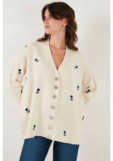 Lela Oversize Fit Desenli V Yaka Triko Bayan Hırka 4616193 Krem-Saks