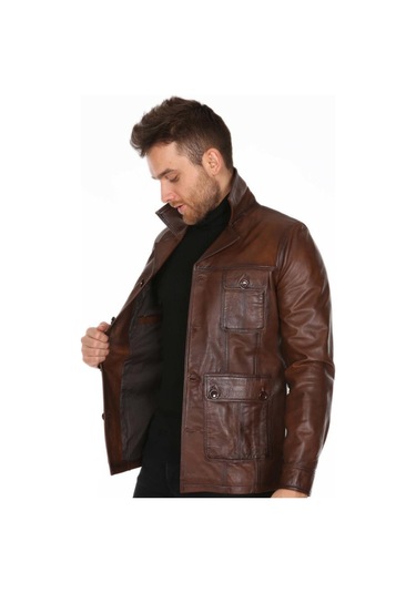 Hakiki Kuzu Derisi Fermuarlı Dört Cepli Düğme Detaylı Erkek Deri Ceket Kahverengi Kahverengi