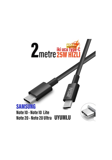 Samsung Note 10 Note 20 Uyumlu 25w Hızlı Type C Şarj Kablosu Uzun 2 Metre