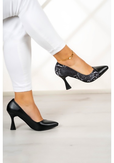 Jatqılı Plus Siyah Yılan Kadeh Topuklu Ayakkabı Siyah Yılan
