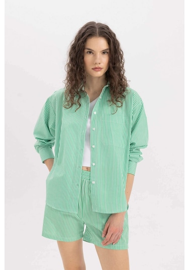 DeFacto Oversize Geniş Kalıp Çizgili Poplin Uzun Kollu Gömlek C8751AX24SMGN268