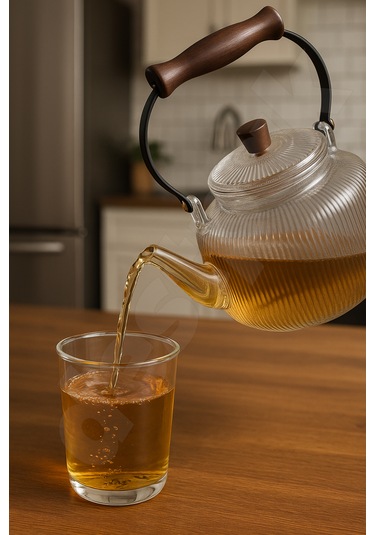 Akasya Kapaklı Ve Üstten Saplı Yuvarlak Cam Demlik - Isıya Dayanıklı - Cam Demlikli - Cam Kapaklı Cam