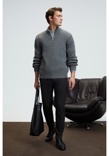 BERNARDO Erkek Yarım Fermuarlı Dik Yaka Triko Antrasit Kazak