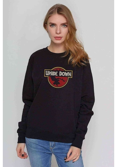 Stanger Things Upside Down Baskılı Siyah Kadın Sweashirt