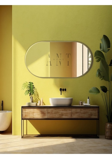 Dekoratif Ayna, Duvar Aynası, Konsol Aynası, Mdf, Elips Ayna, Çerçeveli Ayna 80x40 Cm 80 X 40 Gold