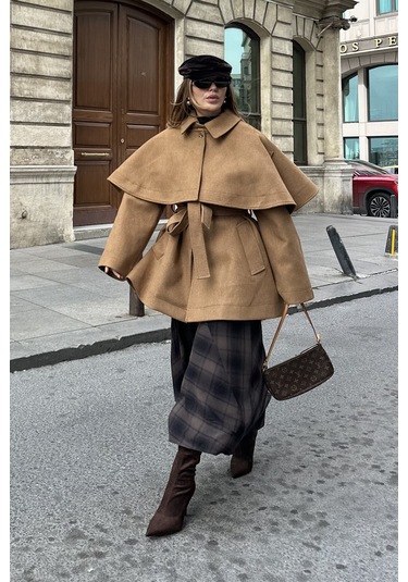 Camel Livia Pelerin Detaylı Kaşe Kaban Camel