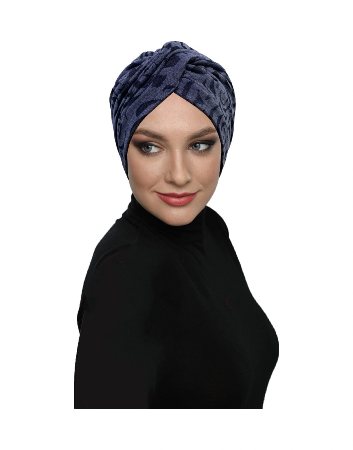 Desenli Çapraz Penye Lacivert Gül Desenli Hazır Türban Tesettür Havuz Bonesi Lacivert Gül