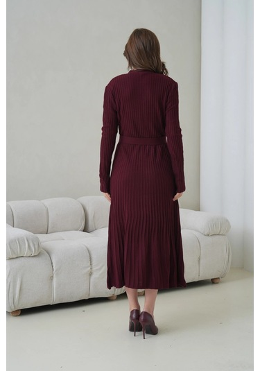 Kadın V Yaka Ful Düğme Kapama Kemer Detay Maksi Boy Fitilli Triko Elbise Mürdüm