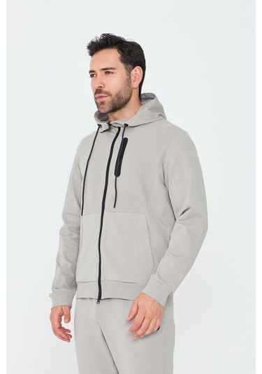 White Stone Bej Kapüşonlu Fermuarlı Erkek Sweatshirt Khaık