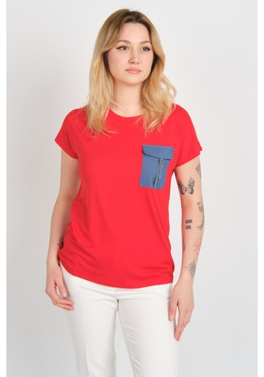 Sistas Kadın Düşük Kol Tek Cep Detaylı Bisiklet Yaka Bluz 24107 Kırmızı Kırmızı