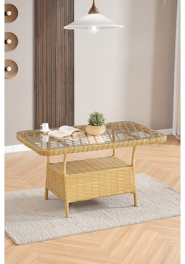Roma Rattan Bahçe Balkon Takımı 2+1+1 Cam Masalı Cappuccino
