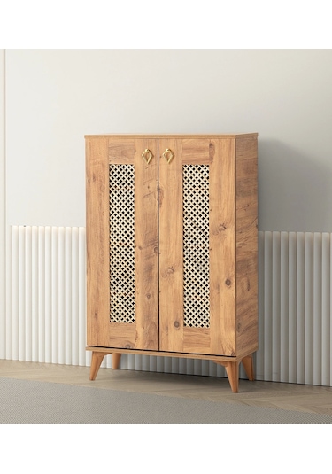 Ahşap Ayakkabılık Hasır Kapak Meşe 4 Raflı Demonte