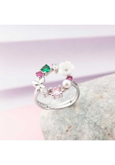 Blackcraft Gümüş Ayarlanabilir Renkli Manolya Çiçeği Kadın Yüzük Bc-f60385 Renkli