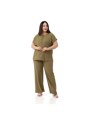 Büyük Beden Düşük Kollu Bluz Pantolon Haki İkili Takım Haki