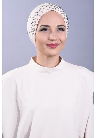 Kadın Tesettür İncili Taşlı Havuz Dış Bone Beyaz Beyaz