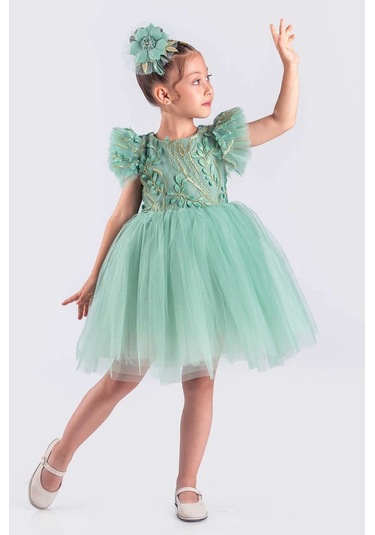 Kız Çocuk Elbise Tütü Etek Nakışlı Yeşil