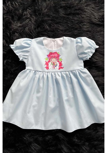 Anime Kız Şeker Baskılı Bebe Mavi Kız Çocuk Bebek Poplin Elbise 001