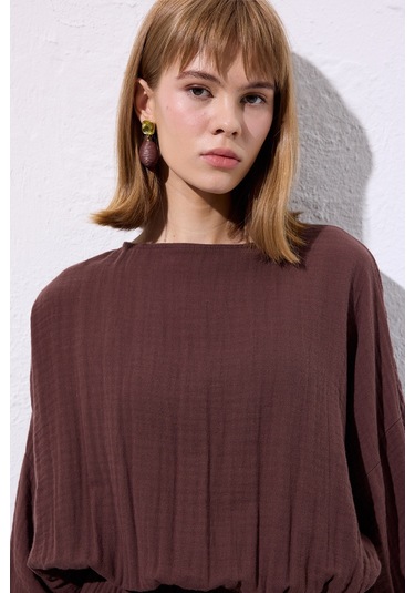 Müslin Beli Büzgülü Elbise Kahverengi Kahverengi