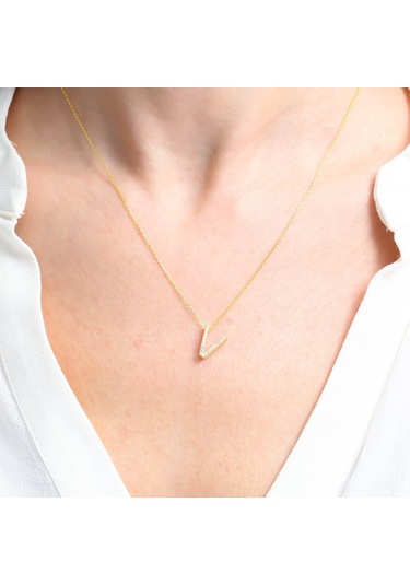 Mia vento Işıltılı Prizma V Harfi Gold Renk Gümüş Kolye