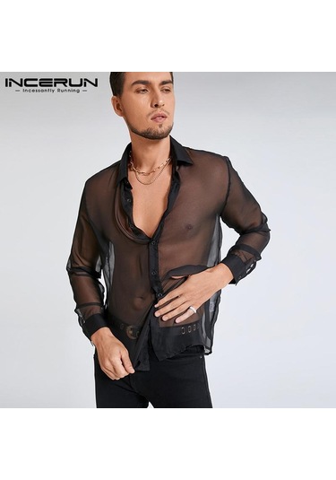 İncerun Erkek File Transparan Uzun Kollu Transparan Parti Gömlekleri Siyah
