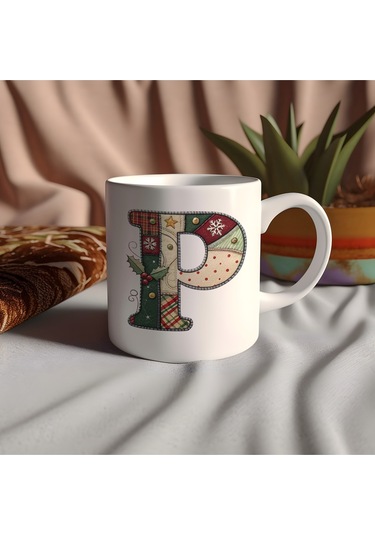 P Harfi Yılbaşı Temalı Kupa Bardak - Yeni Yıl Konsept Yamalı Efekt Tasarım - Noel Hediye Beyaz