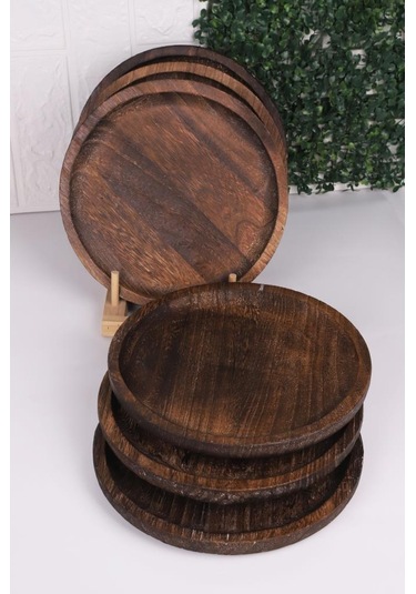 Bambum Patrin Doğal Ahşap Yuvarlak Küçük Tabak 6 Lı Set 25x2 Cm Kahverengi