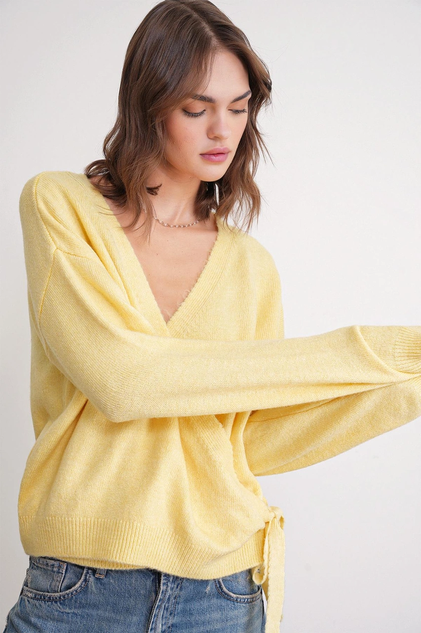 6959 Kadın Fiyonklu Triko Hırka Sarı Sarı