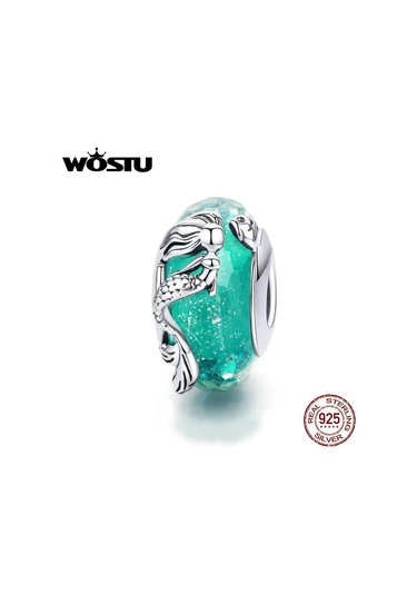 Wostu 925 Ayar Gümüş Denizkızı Murano Cam Boncuk Yeşil Kristal Fit Orijinal Bileklik Gümüş