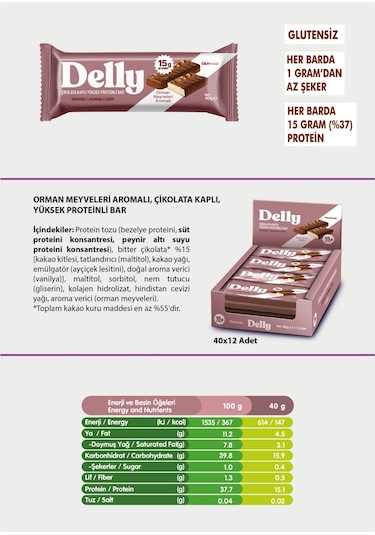Delly Orman Meyveleri Aromalı Çikolata Kaplı Yüksek Protein Bar 12 x 40 G