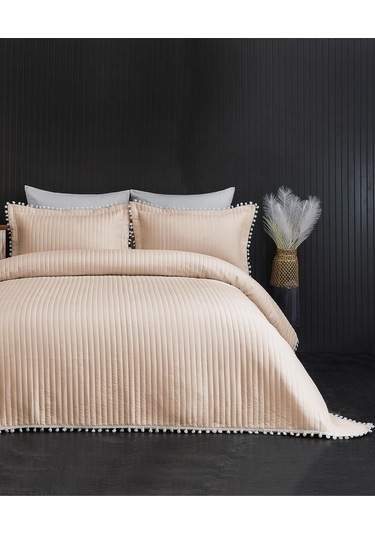 Evlen Home Collection Ponponlu Çift Kişilik %100 Pamuk Yatak Örtüsü Pike Takımı Bej