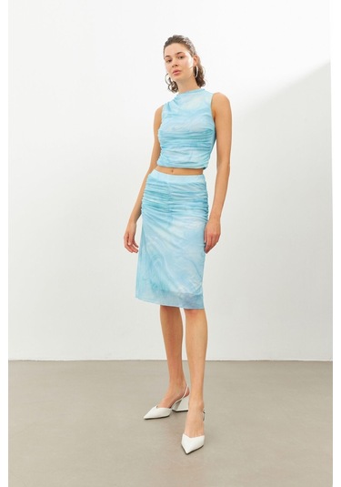 Stella Pulvis Mavi Büzgü Detaylı Beli Lastikli Midi Etek Mavi