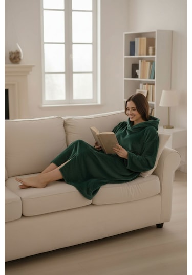 Serona Wellsoft Peluş Kapüşonlu Uzun Panço Yumuşak Dokulu Giyilebilir Tv Battaniyesi Z.yeşil S/m Zümrüt Yeşili