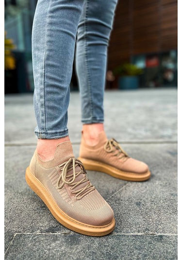 Pabucmarketi Bağcık Detaylı Triko Kumaş Erkek Spor Ayakkabı Taba Çok Renkli