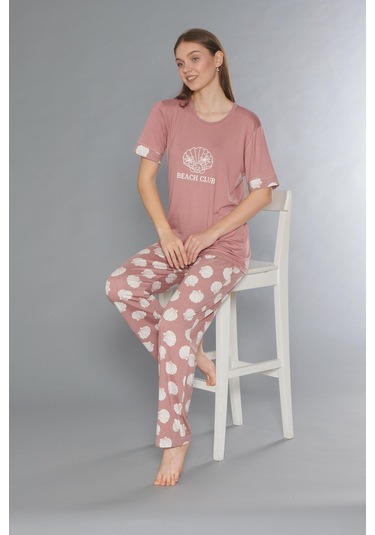 Flz Kısa Kol Yazlık Viskon Pijama Takımı Beach Club Flz 88-110 GÜL KURUSU