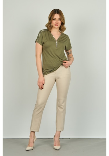 Ella Camelia Kadın Fermuarlı Kısa Kol Bluz 20e038 Haki