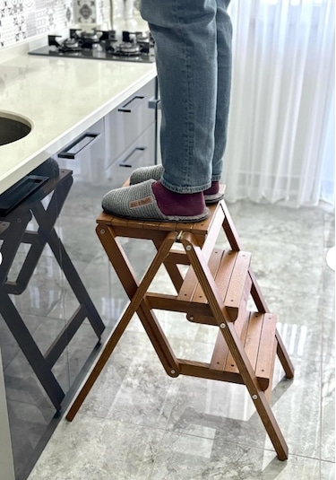 Ahşap Merdiven Tabure Katlanır Ceviz Renk 3 Basamaklı Ceviz