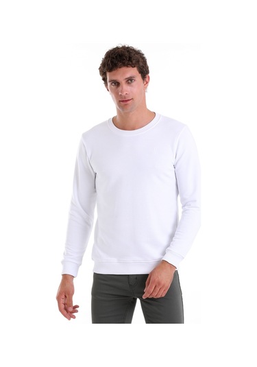 Hatemoğlu Beyaz Regular Fit Düz Pamuklu Bisiklet Yaka Sweatshirt Beyaz