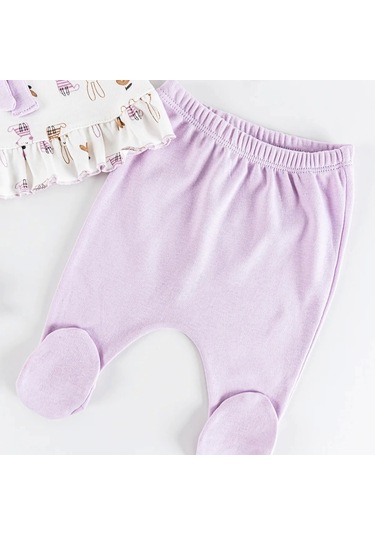 Tavşan Detaylı Fiyonklu 5 Parça %100 Pamuk Kız Bebek Hastane Çıkışı Lila