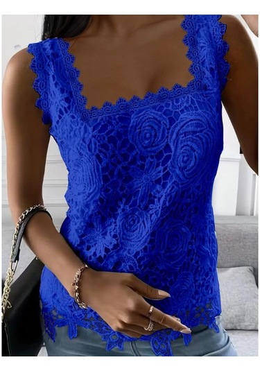 Yaz Kadın Yelek Kare Yaka Dantel Kolsuz Tank Top Mavi