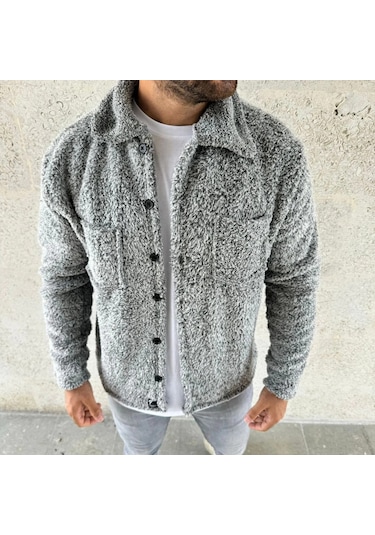 Erkek Pelüş Polar Hırka Gömlek Yakalı, İlik Düğmeli, Göğüs Cepli, Yumuşak Dokulu Kışlık Regular Fi Gri