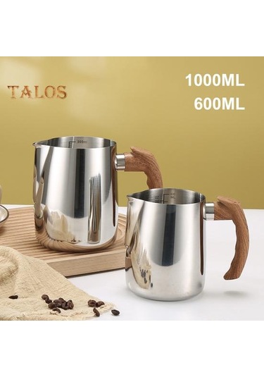 Siyah 600/1000 Ml Süt Köpürtme Sürahi Hassas Ölçekli Ahşap Saplı Damlamasız Borulu Paslanmaz Çelik Latte Kahve Fincanı 1000ml
