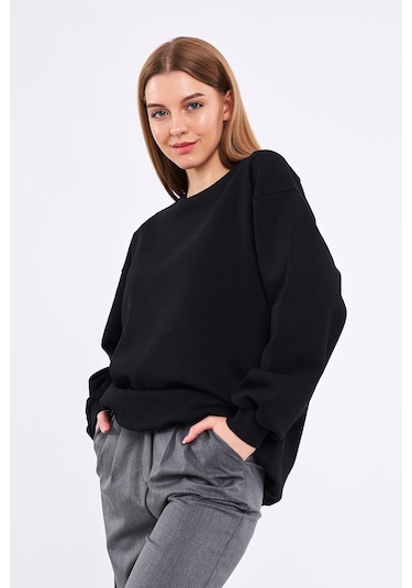 Comeor Siyah Kadın Pamuklu Oversize Basic Bisiklet Yaka Sweatshirt Siyah
